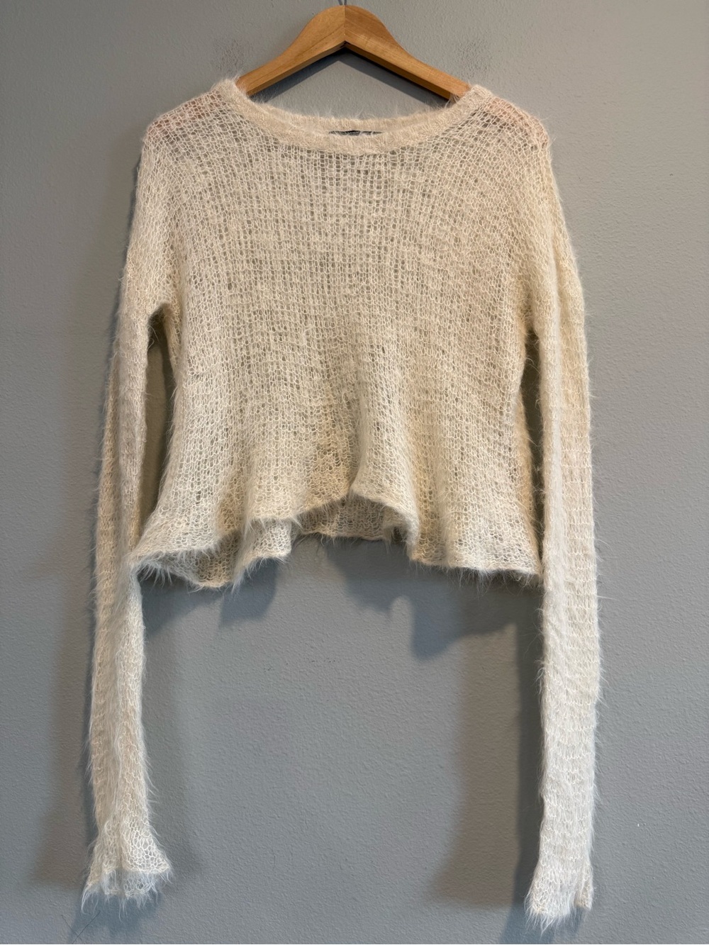 Peruvian Connection Fuzzy Cropped Crewneck Open Knit Sweater Suri Alpaca Silk M